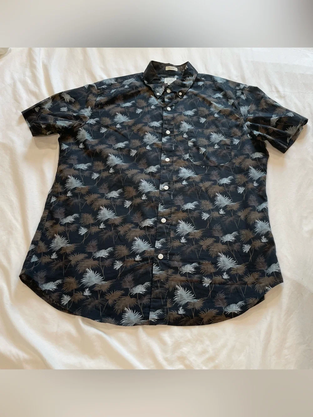 J. Crew Black Short-Sleeve Button-Down Shirt with Gray and Brown Palm Print